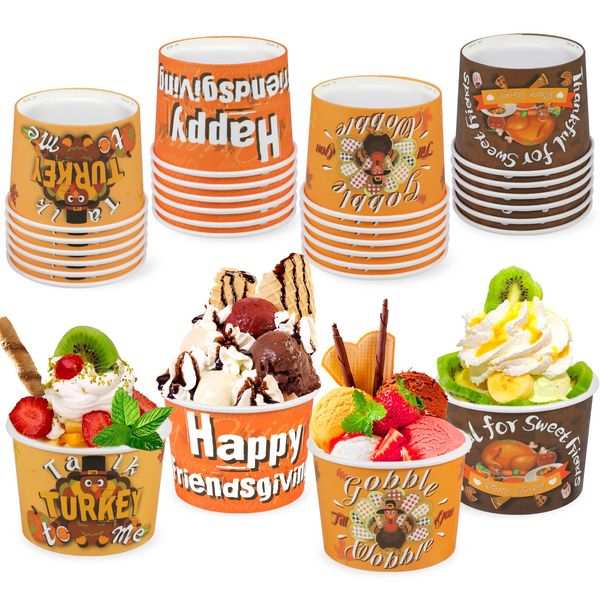 HOWAF 24pcs Friendsgiving Party Treat Snack Cups, Turkey Day Party Disposable Paper Cup Dessert Ice Cream Bowls for Thanksgiving Party Supplies, Friends Thanksgiving Day Ice Cream Cups