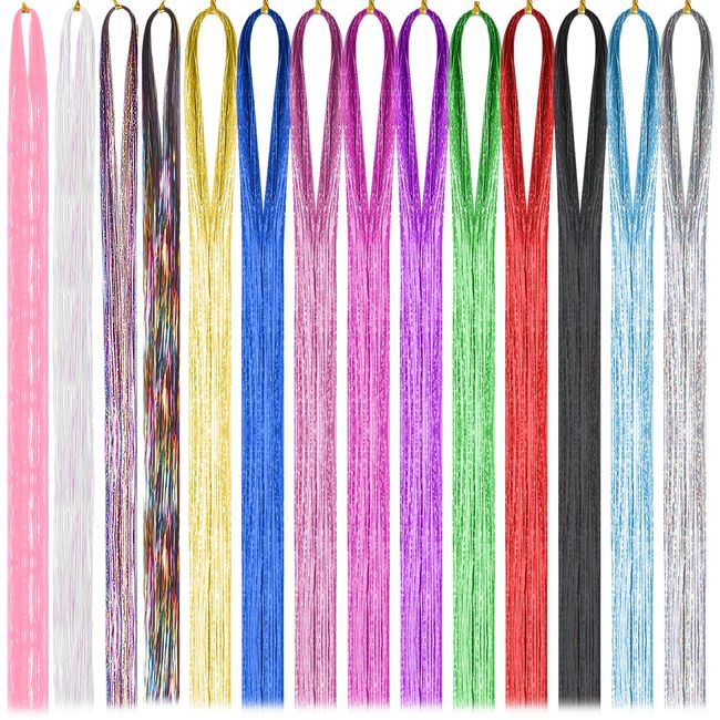 14 Farben Tinsel Haarverlängerung Glitzer Haarteile Lametta Haarverlängerungen für Frauen Mädchen Kinder, Bunte Haarsträhnen Haar-Lametta geeignet für Musikfestivals, Partys, Bars, Reisen