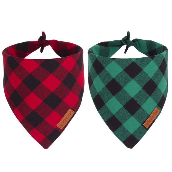 ADOGGYGO Christmas Dog Bandanas 2 Pack, Premium Cotton Fabric, Multiple Sizes Offered, Red Green Plaid Bandanas for Medium Large Dogs (Large, Xmas)