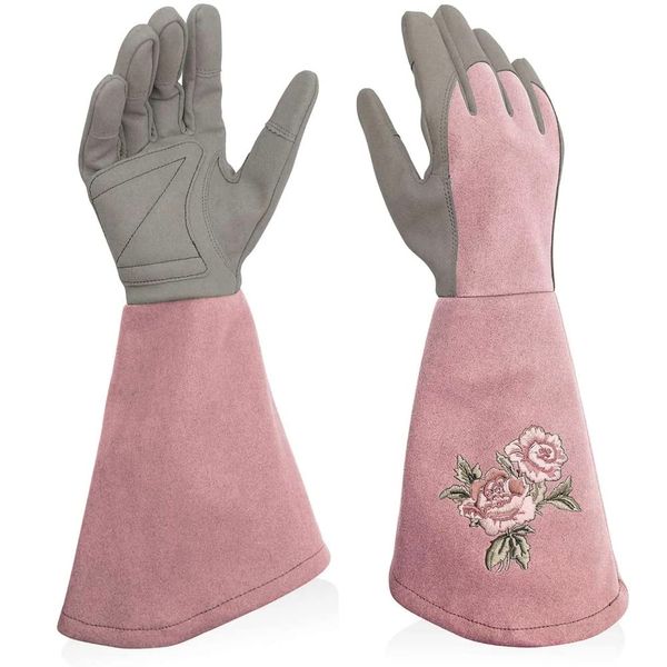 Ailunate Garden Gloves, Gardening Gloves, Roses, Long, Spiky Prevention, Leather, Gardening Gloves, Stylish, Women's (M, Light Purple)