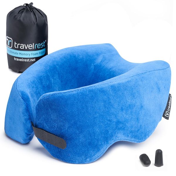 TRAVELREST Nest Memory Foam Travel Pillow/Neck Pillow - Advanced Neck Support for Long Flights - Patented Design for Optimal Relaxation - Long Travel - Unmatched Sleep - Machine Washable - Blue