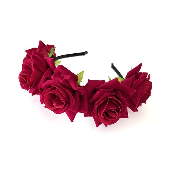 JZK Wedding Flower Girl Bridesmaid Bride Rose Flower Tiara Headband for Children and Adult Hairband Floral Garland Headpiece (red)