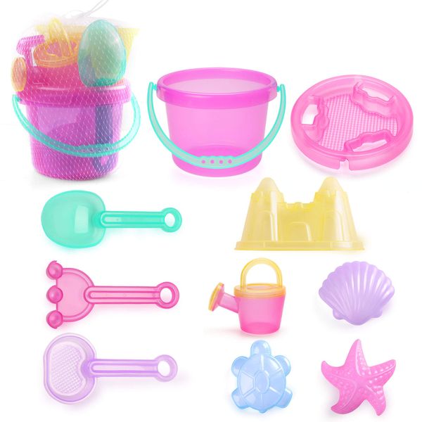 LotFancy Beach Toys for Kids, 10 PCS Snow Toys for Toddlers 3-10, Sand Buckets and Shovels, Star Shell Castle Sand Mold, Sand Sifter Cover, Rake, Watering Can, Sandbox Toys for Girls