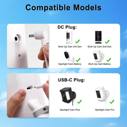 Power Adapter for Ring Stick Up Cam Battery Plug-in/ 3rd Gen/ 2nd Gen and Spotlight Cam Plus Pro, Pan Tilt Stick Up Camera, Charger Cable for Ring Barrel Plug Type C Port, Waterproof Power Cord 16FT