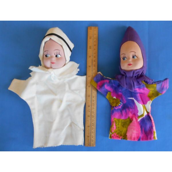 2 Doll Hand Puppets Vintage Molded Cloth Faces Handmade Nurse Clown