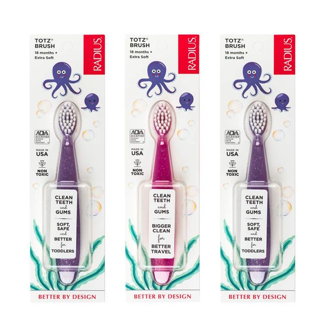 RADIUS Totz Toothbrush Extra Soft Brush BPA Free & ADA Accepted Designed for Delicate Teeth & Gums for Children 18 Months & Up - Purple Pink Coral - Pack of 3