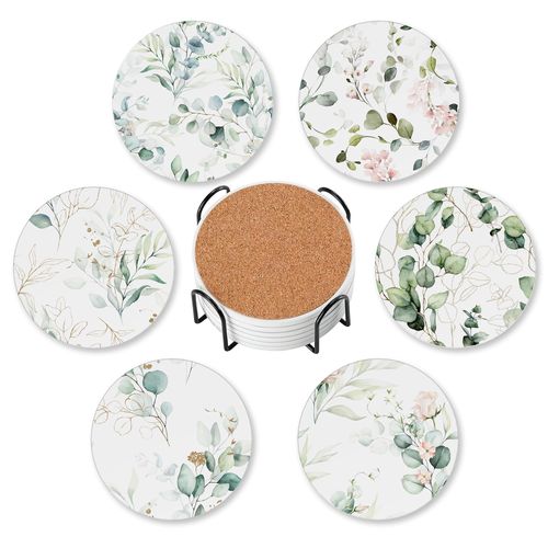 6 Pcs Drink Coasters with Holder,Abstract Watercolor Floral Green Leaves Absorbent Round Ceramic Coaster for Tabletop Protection,for Coffee Cup Beverage Coasters Wine Beer Bar