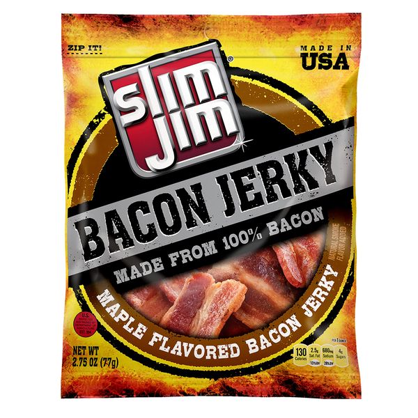 Slim Jim Bacon Jerky, Maple Flavor, 2.75 Oz. Bag (Pack of 8)