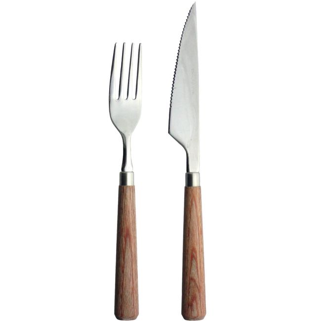 Nagao Nikko Steak Knife and Fork Set, 8.7 inches (22 cm), Stainless Steel, Wood