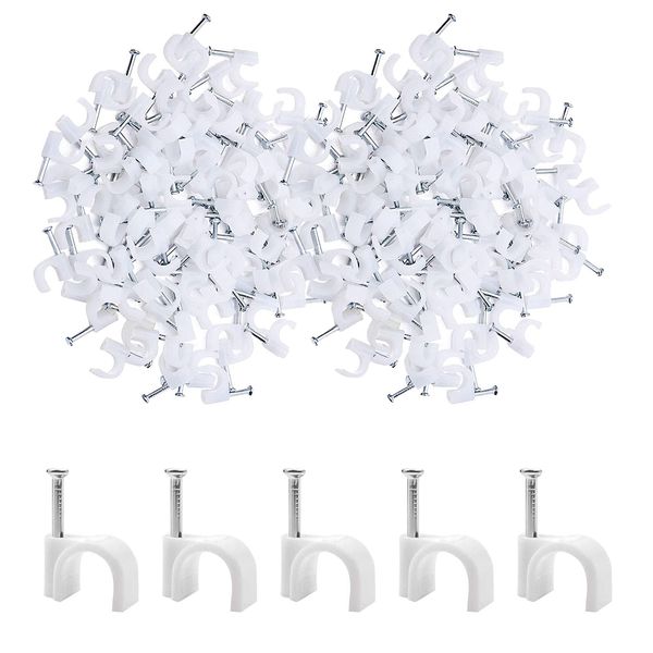 200 PCS 6mm White Round Cable Clips Management Cable Tidy Clips Electrical Cable Wall Clips Wire Clips Cable Lead Clips Wire Nail Clips Wire Pins Nails Tacks Holder Cable Pins Clip with Steel Nail