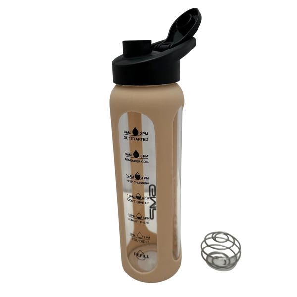 GMP star Sports Borosilicate Glass Water Bottle for Hot and Cold with Silicone Sleeve and Protein Shaker Whisk 600ml UK Company