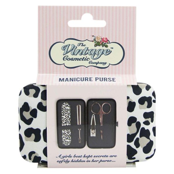 The Vintage Cosmetic Company Manicure Purse 4 Tools Vintage Inspired Leopard Print Design Stainless Steel Nail Clippers Scissors Cuticle Pusher Emery Board Handbag Accessory