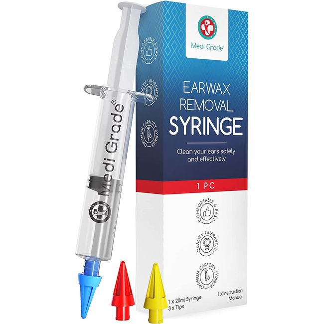 Medi Grade Ear Wax Removal Syringe Kit - Reusable, 3x Tips