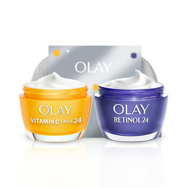 Olay Moisturiser Gift Bag, Womens Skin Care Gift Sets & Kits, Vitamin C + AHA 24 Face Cream 50ml & Retinol 24 Night Cream 50ml for Bright & Smooth Skin, Free Make Up Bag & Gua Sha