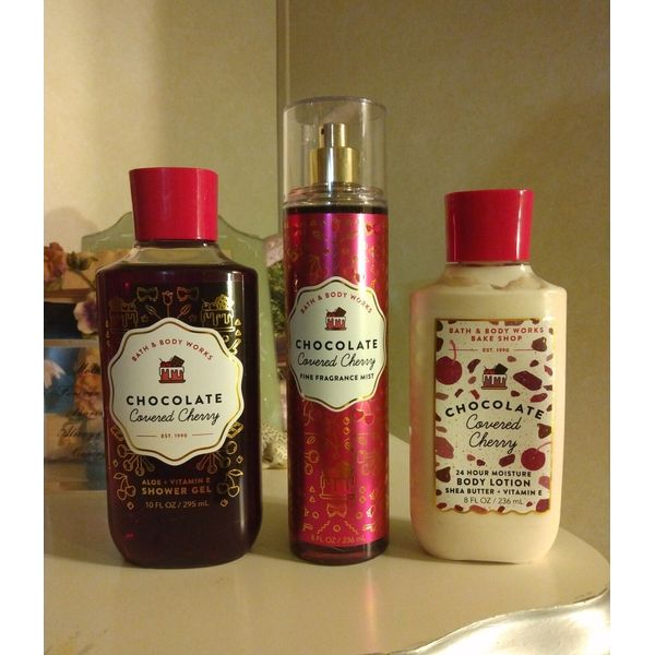 New RARE HTF BBW Chocolate Covered Cherry Set Body Spray Lotion Shower Gel Lot