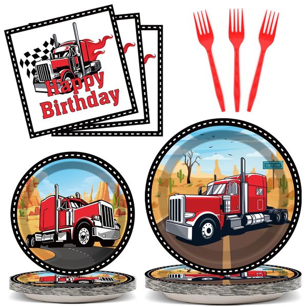 gisgfim 96 Pcs Semi Truck Party Supplies Paper Plates Napkins Tractor Trailer Themed Party Birthday Decorations Favors for Kids Semi Truck Party Decor Serves 24