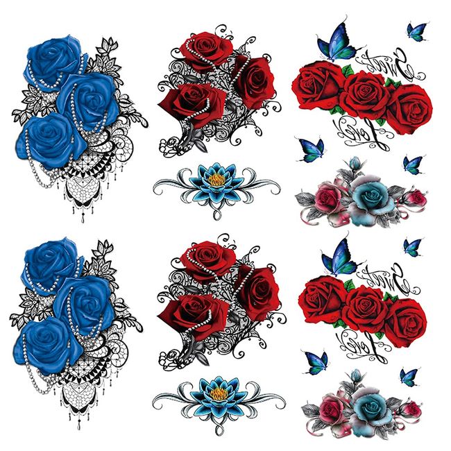 Yesallwas Tattoo Stickers Tribal Rose Red Blue Set of 6 Long Lasting Tattoo Stickers Body Stickers Tattoo Stickers Waterproof Blue red rose tattoo 12x19cm (Red and Blue)