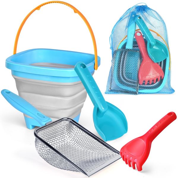 Madzee 4 Pack Beach Toy Set – Foldable Bucket, Sand Sifter, Shovels and Mesh Bag. Shark Tooth Sifter with Seashell Bag.