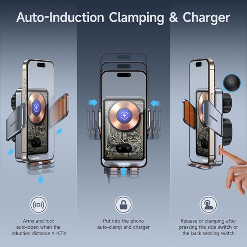 Wireless Car Charger Phone Mount, NOHON 15W Qi Fast Charging Smart Car Wireless Charger Phone Holder with Auto Sensor Clamping, Car Phone Holder Charger for iPhone 15 14 13 12 Pro Max (Silver)