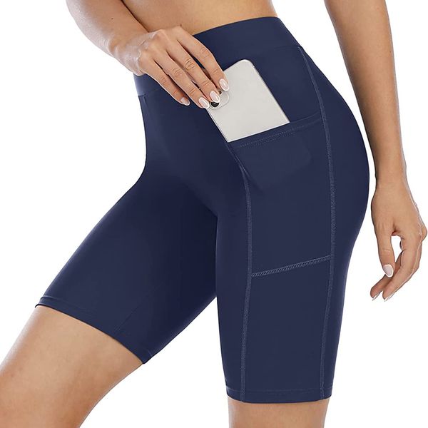 Attraco Damen Badeshorts Lang Badehose Hohe Taille Schwimmhose Boardshorts Schnell Trocknen Kurze Sporthose Strandhose Kurz Leggings Wassersport Tankini Hose Navy Blau L