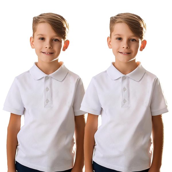 SMNS Pack of 2 Boys Girls School Uniform Polo White Plain Short Sleeve Shirts Sports Wear (5 to 6 Years, White)