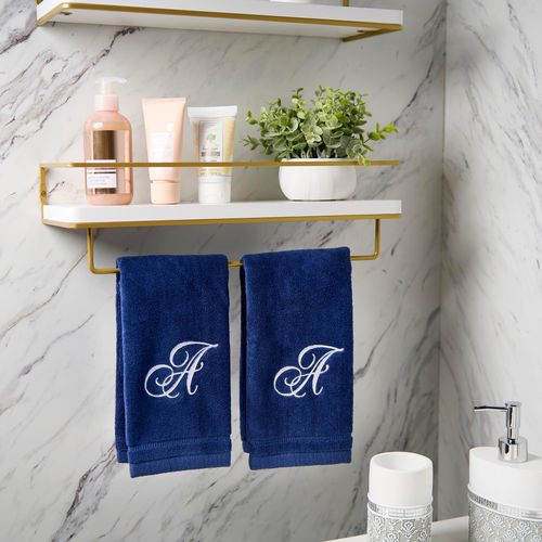 Personalized Initial Fingertip Towels - 4 Pack 11x18 White Embroidery on Navy Blue Towel, Modern Monogrammed Towels, Great Personalized Initial Gift for Women, Teachers, Friends, Bridesmaids Initial K