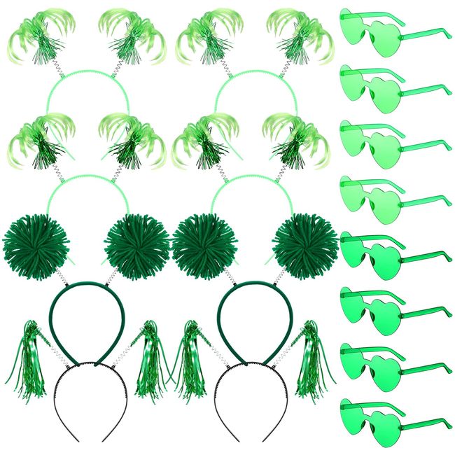 Kanayu 16 Pcs St. Patrick's Day Pom Pom Headbands and Heart Shape Glasses, Tinsel Wrapped Bopper Headwear for Party(Green)