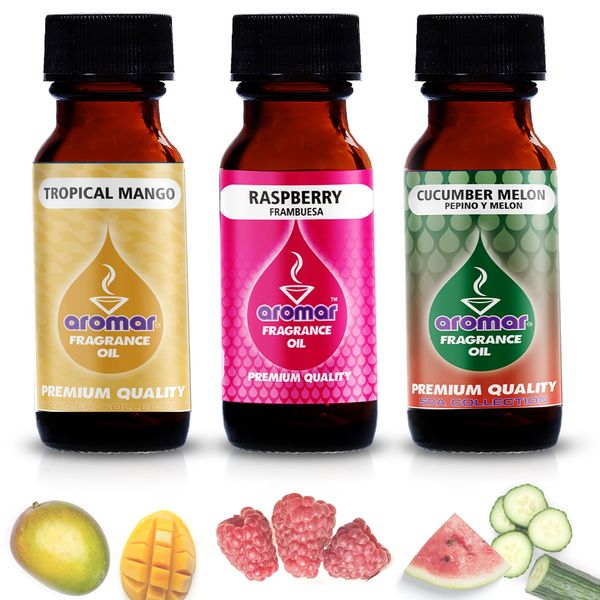 Set of 3 Aromatherapy Scented Oils: Mango Raspberry Cucumber Melon 2 oz each