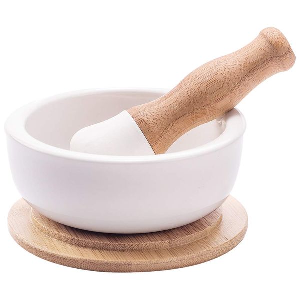 Porcelain Mortar and Pestle Set – Pill Crusher, Spice Grinder, Herb Bowl, Pesto Powder – Molcajete for Salt - Plus Lid/Non-Slip Base