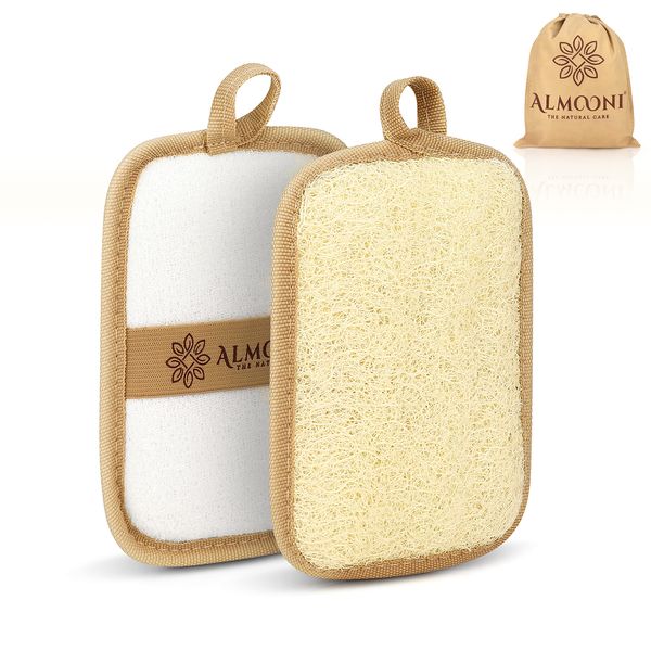 Almooni Premium Egyptian Exfoliating Loofah Pad Body Scrubber - Rectangular loofa Shape - Made with Natural Egyptian Shower lufa Sponge That Gets You Clean, Not Just Spreading Soap (2 Pack)