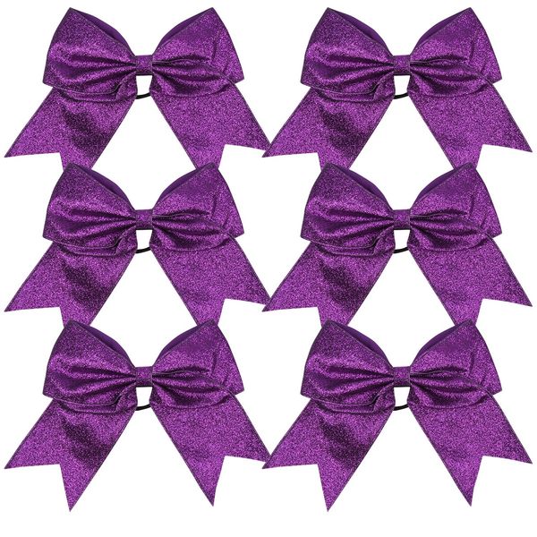 Cheerleader Bows Cheerleading 8 inch Sparkle Glitter Ponytail Holder Hair Tie School for High School College Girl Team Sports 6 Pcs … (Purple)