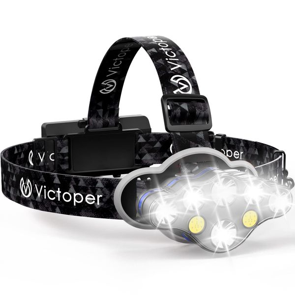 Victoper Rechargeable Headlamp, 8 LED 18000 High Lumen Bright Head Lamp with Red Light, Lightweight USB Head Light, 8 Mode Waterproof Head Flashlight for Outdoor Running Hunting Camping Gear, Black