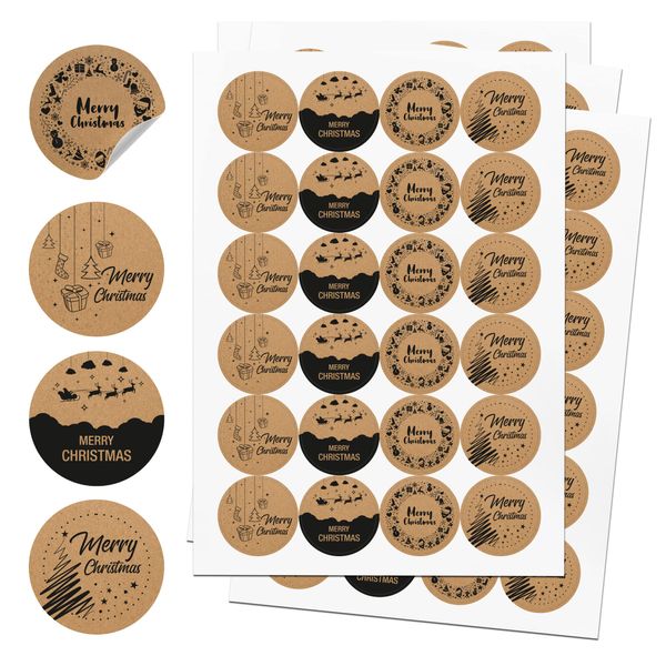 TOBJA® Aufkleber Weihnachten 96 Stück - Weihnachtsaufkleber für Geschenke in 4 Variationen | Sticker Set "Merry Christmas" | Echtes Papier "Kraftpapier" 4 cm Etiketten rund (Kraftpapier EN)