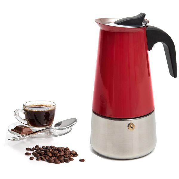 Mixpresso Stovetop Espresso Coffee Maker 15oz/9 Espresso Cup, Moka Coffee Pot with Coffee Percolator Design, Stainless Steel Stovetop Espresso Maker, Italian Coffee Maker, Red Coffee Maker