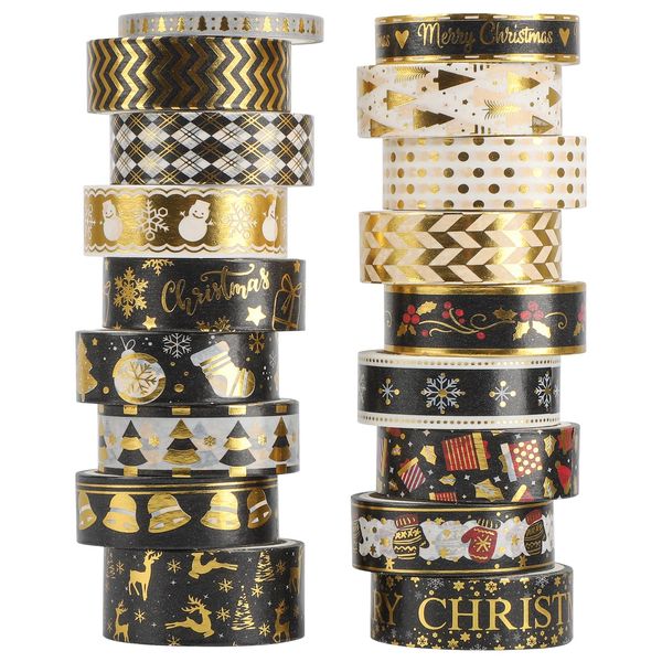 18 Rollen Washi Tape Weihnachten Set, Dekorative Masking Tape Weihnachtsbäume Goldfolie Klebeband für Weihnachten Handwerk DIY Scrapbooking Planer Geschenk Verpackung Dekorationen (Xmas Black)