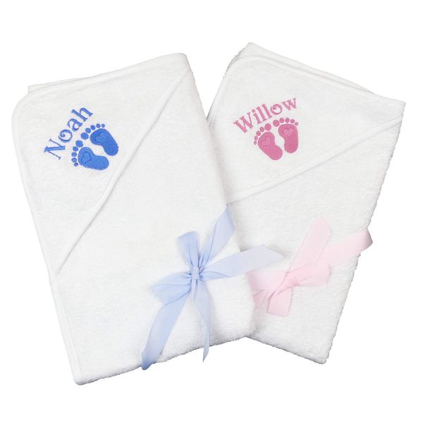 Baby Boy Girl Personalised Hooded Bath Towel Bathing Wrap 75 x75 (Baby Feet Hooded Towel)