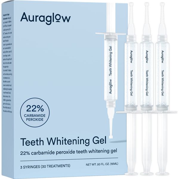 Auraglow 22% Teeth Whitening Gel Syringe Refill Pack, 22% Carbamide Peroxide, 30 Whitening Treatments, (3) 5mL Whitening Gel Syringes, Sensitive Teeth Whitening