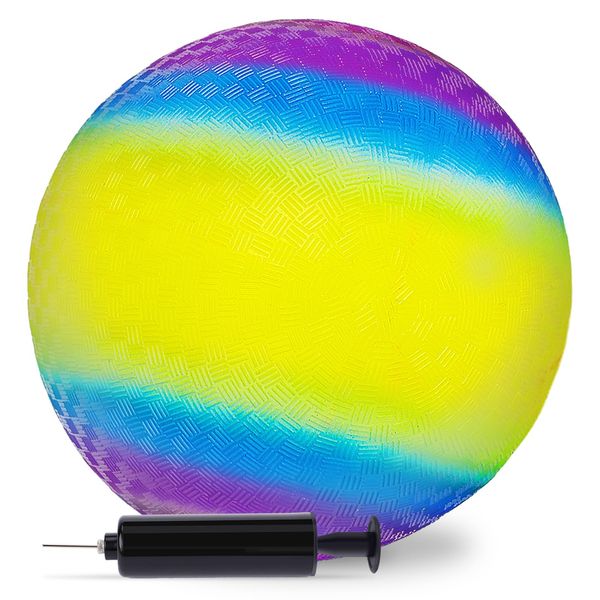 LovesTown Playground Ball, 8.5 Inch Kickballs Rainbow Bouncy Ball, Jumbo Beach Balls for Summer Swimming Pool Beach Game Indoor and Outdoor Games with Pump