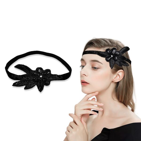 MIVAIUN 1920s Flapper Headband,Vintage Hand Sequin Headband,20s Showgirl Headpiece,1920s Gatsby Headpiece,Vintage 1920s Flapper,Bridal Tiara Hair Accessories for Women Girls Prom Party (Black)