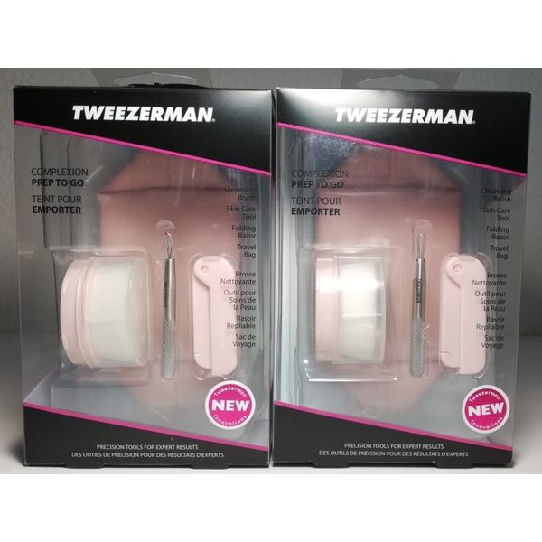 2 Pack TWEEZERMAN Complexion Prep To Go Set: 3 Skincare Tools and Travel Bag