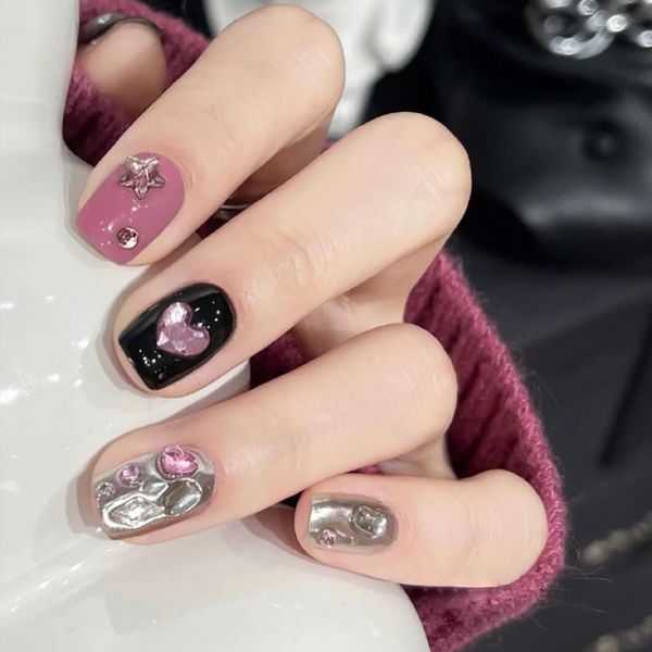 24pcs Short Square False Nails Black Pink Press on Nails 3D Heart Star Design Fake Nails Glue on Nails Rhinestone Stick on Nails Removable Acrylic Nails Gifts Women Girls Nail Art Accessories