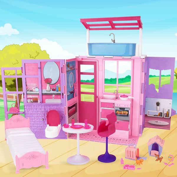 Doll House, One Set Portable Loft, with Bed, Table, Basin& Pets 25+pcs Doll Accessories, Foldable Doll Accessory for 12" Dolls