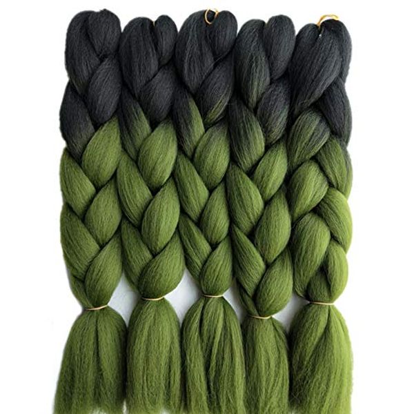 24inch Black to Olive Green Two Tone Ombre Color Synthetic Braiding Hair Extensions Jumbo Braids Hair Bulk 5packs/lot for Crochet Twist Box Braiding Hair (black olive green)