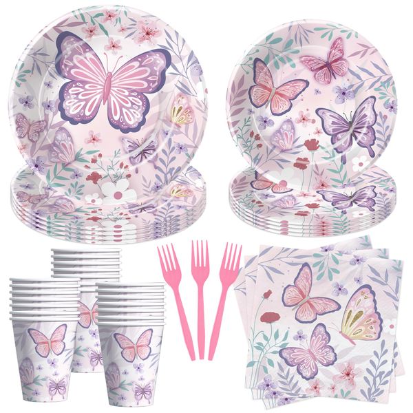 Suhelkit Butterfly Decorations Party Tableware - Butterfly Birthday Party Supplies For Girl, Paper Plate, Cup, Napkin, Disposable Fork, Butterfly Birthday Baby Shower Table Decorations | Serve 24