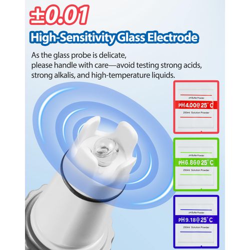 PH Meter, Dr.meter PH Meter Water 0.01 High Precision PH Value Meter with Alarm LCD Display and Automatic Temperature Compensation for Water, Aquarium, Pond, Pool with Calibration Powder