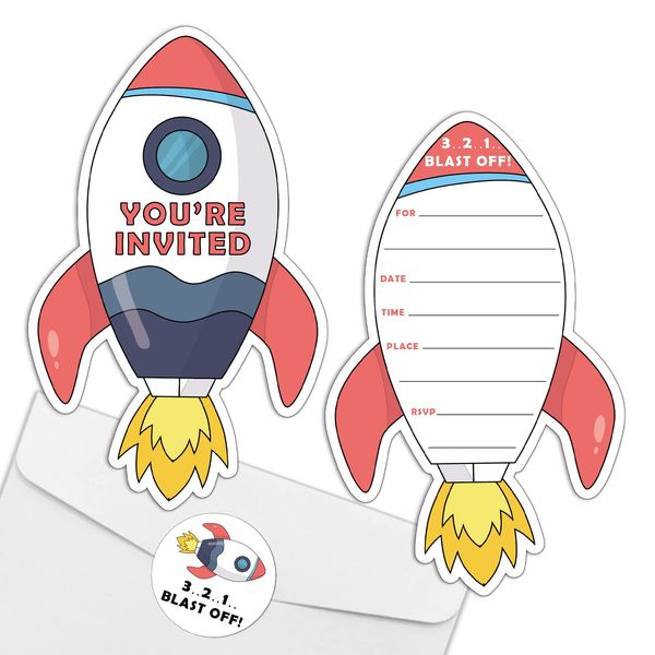 REWIDPARTY Rocket Ship Birthday Party Invitations with Envelopes & Stickers（Set of 15） Rocket Ship Shaped Fill-in Invitations Rocket Birthday Party Invites Cards Space Party Supplies for Kids Teens