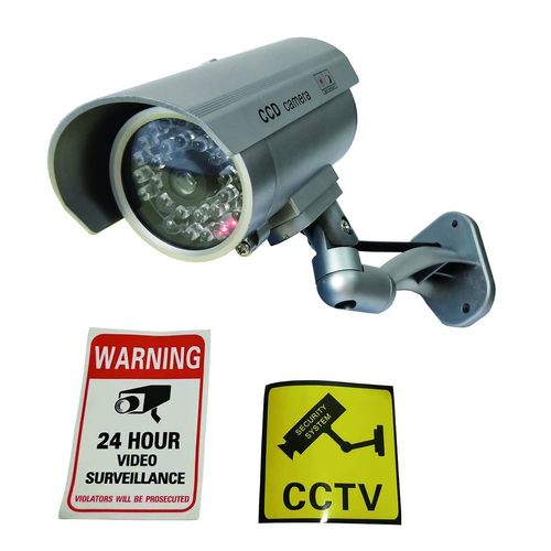 Yuarisx Dummy Security Camera Bullet Fake Indoor Outdoor CCTV Surveillance System with Realistic Simulated LEDs Flashing Lights and Warning Sticker Decals (4 Pack)