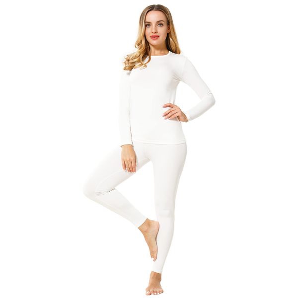 ViCherub Women's Thermal Underwear Set Long Johns Base Layer Fleece Lined Cold Weather Soft Top Bottom Cream White XL