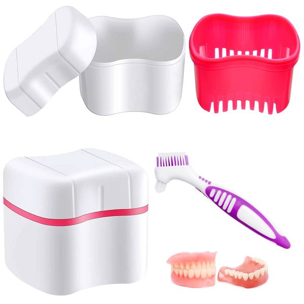 Hioph Denture Bath Box, Denture Cleaner Toothbrush Case, Denture Box with Rinsing Basket, Denture Retainer Care Cleaner Cup Container for Travel Soaking and Cleaning Dentures Pink