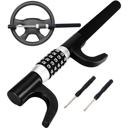 Tevlaphee Steering Wheel Lock, Car Lock Anti Theft Keyless Extendable Retractable Password 5 Coded Combination Lock, Heavy Duty Universal Fit (Black)